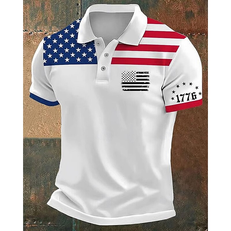 American Independence Day Men's American US Flag Polo Shirts Button Up Polos Golf Shirt Short Sleeve Polo Shirts Lapel Fashion Casual Daily Festival Print Summer White Pink Red