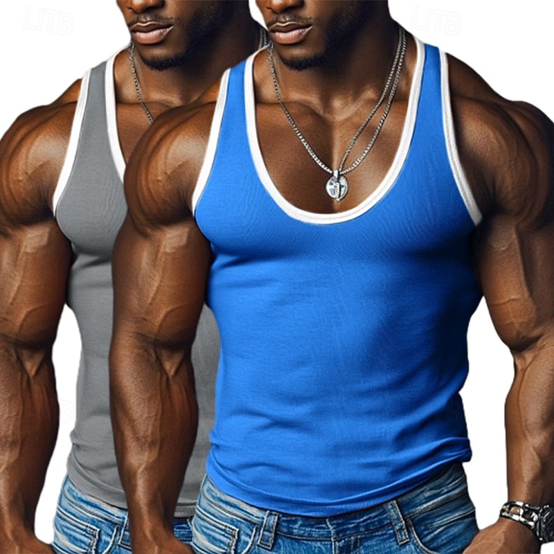 2 Piece  Men's Tank Top Undershirt Sleeveless Shirt Wife beater Shirt Sleeveless U Neck Deep U Scoop Neck Summer Color Block Pit Strip Fashion Designer Sporty Plain Outdoor Casual Going out Orange2