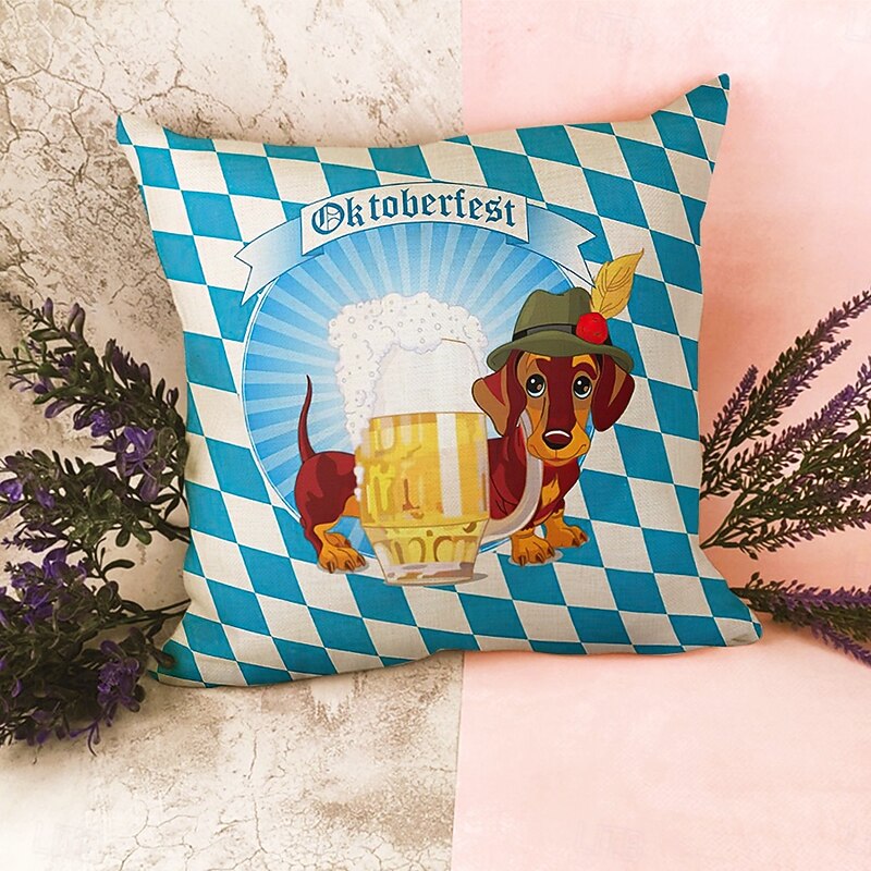 Oktoberfest Dachshund Bavarian Decorative Toss Pillows Cover 1PC Soft Square Couch Cushion German Beer Design White Blue Plaid4