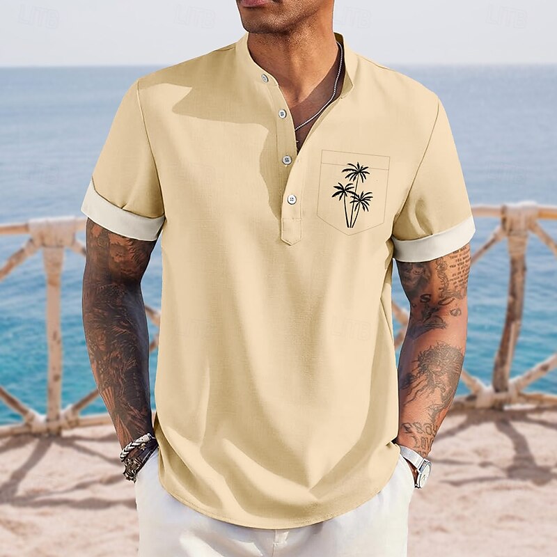 Men's Coconut Tree Tropical Plants Hawaiian Shirt Henley Shirt Stand Collar Shirt Short Sleeve Hawaiian Vacation Casual Summer Spring Mandarin Collar Band Collar Buttons Front One Pocket Linen Like3