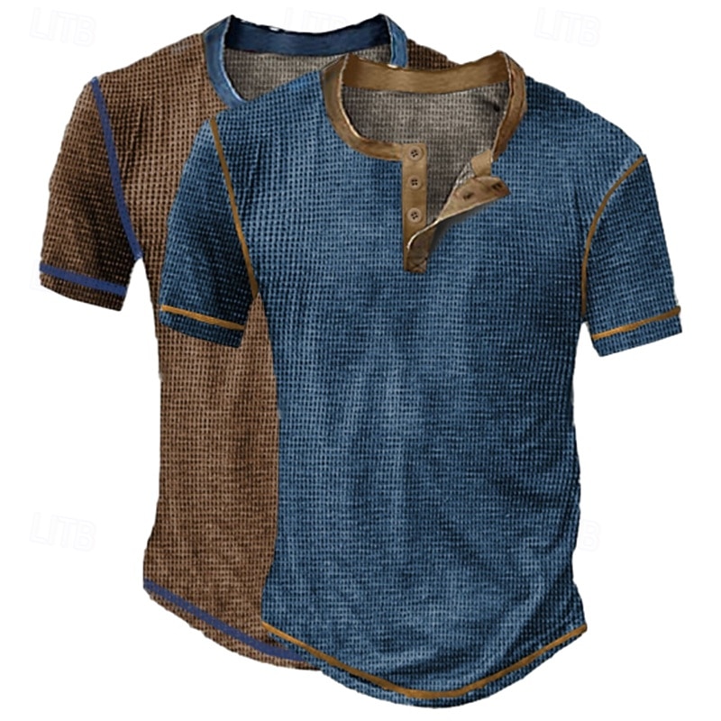 Men's Waffle Henley Shirt Tee Short Sleeve Solid Fashion Designer Casual Buttons Henley Outdoor Casual Daily Summer Brown+Yellow Dark Blue / Light Blue Grey / White Henley T-Shirt2