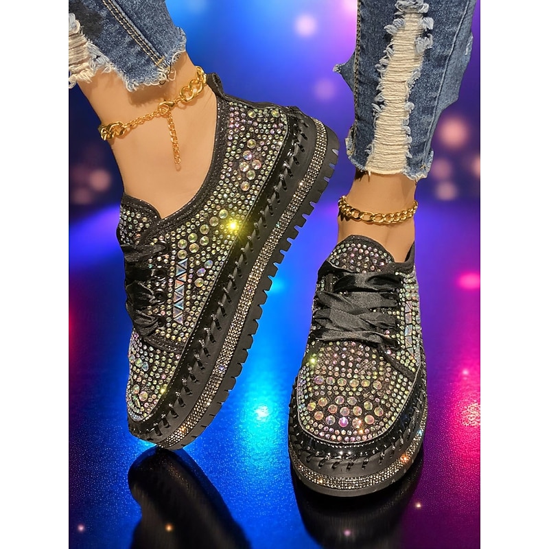 Women's Sparkling Rhinestone Sneakers with Silver Accents, Platform Lace-Up Shoes for Nightlife Parties and Glamorous Looks4
