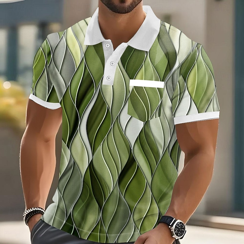 Men's Geometric Line Polo Short Sleeve Polo Shirts Collared Shirts Business Casual Outdoor Athleisure Daily Wear Pocket 3D Print Buttons Summer Red Blue Purple4