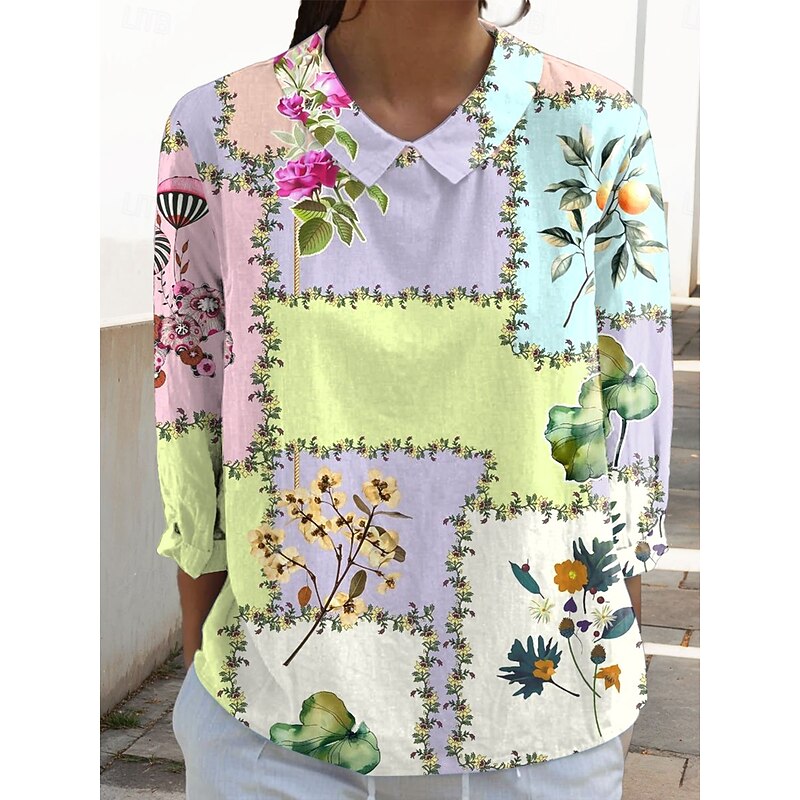 Women's Blouse Long Sleeve Peter Pan Collar Casual Floral Graphic Geometric Daily Stylish Collar Regular Tops Daily Print Yellow Pink Blue Spring Fall