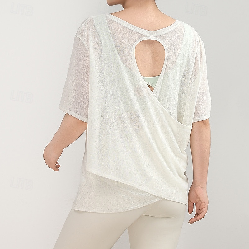 Women's Sports shirts Skin Friendly Softness Breathable Hollow Short Sleeve Sports Solid Color Top For Gym Pilates Zumba Loose Fit Activewear3