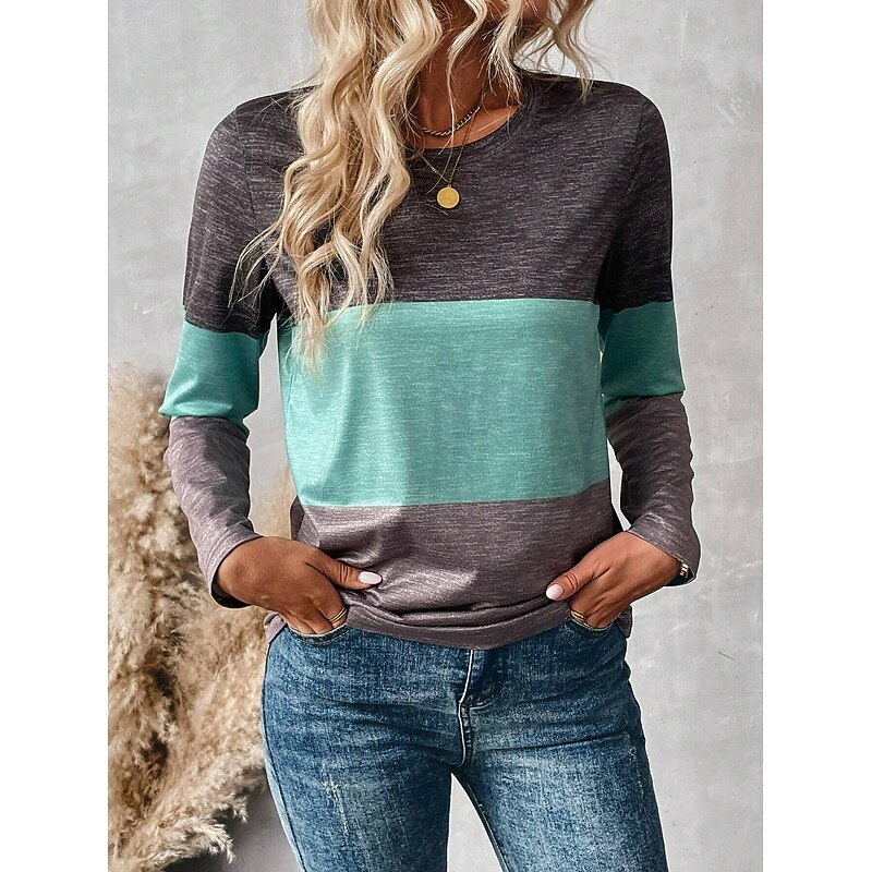 Women's T shirt Crew Neck Long Sleeve Tunic Graphic Color Block Striped Vintage Stylish Classic  Regular Tops Daily Weekend Print Green Fall3