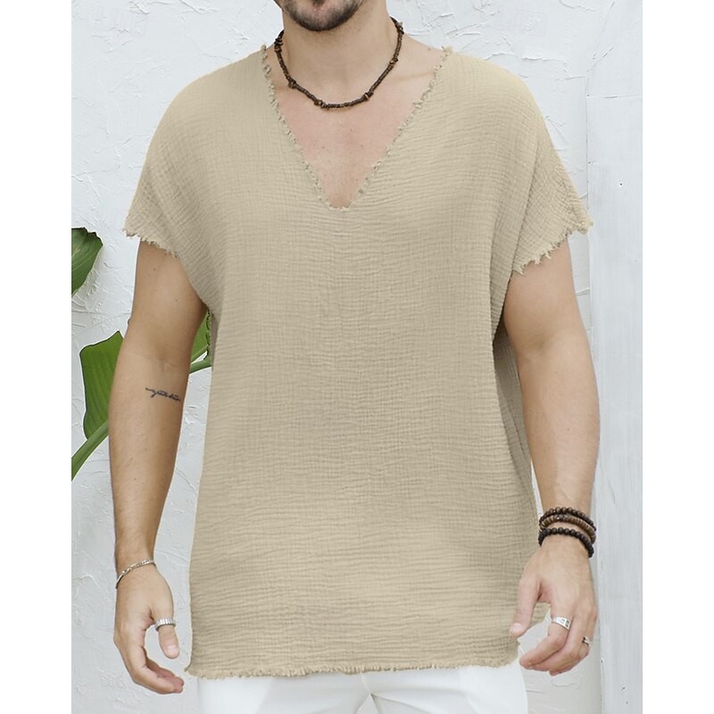 Men's T Shirt Tee Short Sleeve Shirt Tee Top Short Sleeve V Neck Summer Plain Fashion Designer Basic Pleats Vacation Street Going out White Khaki Top Tee for Men2