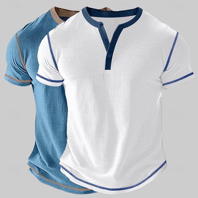 2 Piece Men's Waffle Henley Shirt Tee Short Sleeve Solid Color Vintage 2 Piece Buttons Henley Outdoor Casual Daily Summer Henley T-Shirt4