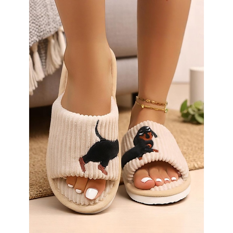 Women's Plush Dog Embroidery Indoor Slippers, Cozy Corduroy Slides, Perfect for Home Relaxation and Lounging4