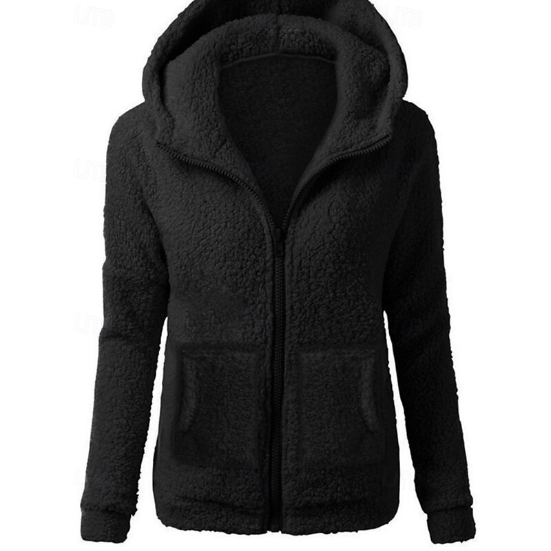Women's Fleece Jacket Hoodie Jacket Warm Comfortable Zipper Pocket Elegant Fashion Outdoor Solid Color Going out Casual Daily Weekend Zipper Regular Hooded Regular Fit Long Sleeve Outerwear Black3