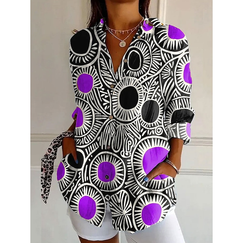 Women's Shirt Button Down Tunic Shirt Collar Long Sleeve Graphic Polka Dot Striped Daily Stylish Casual Regular Tops Work Daily s Print Yellow Blue Purple Orange Spring2