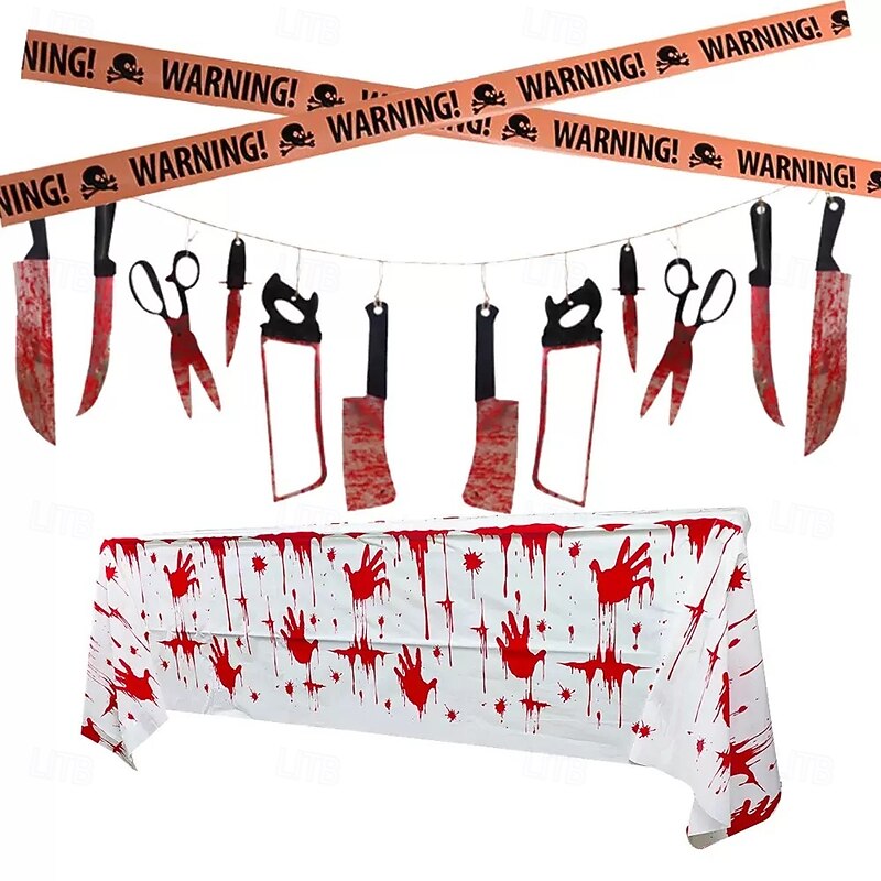 Halloween Blood Handprint Decoration Set Including Window Clings, Blood Knife Banner, and PVC Tablecloth, Perfect for Halloween, Haunted House, and Spooky Festival Decor2