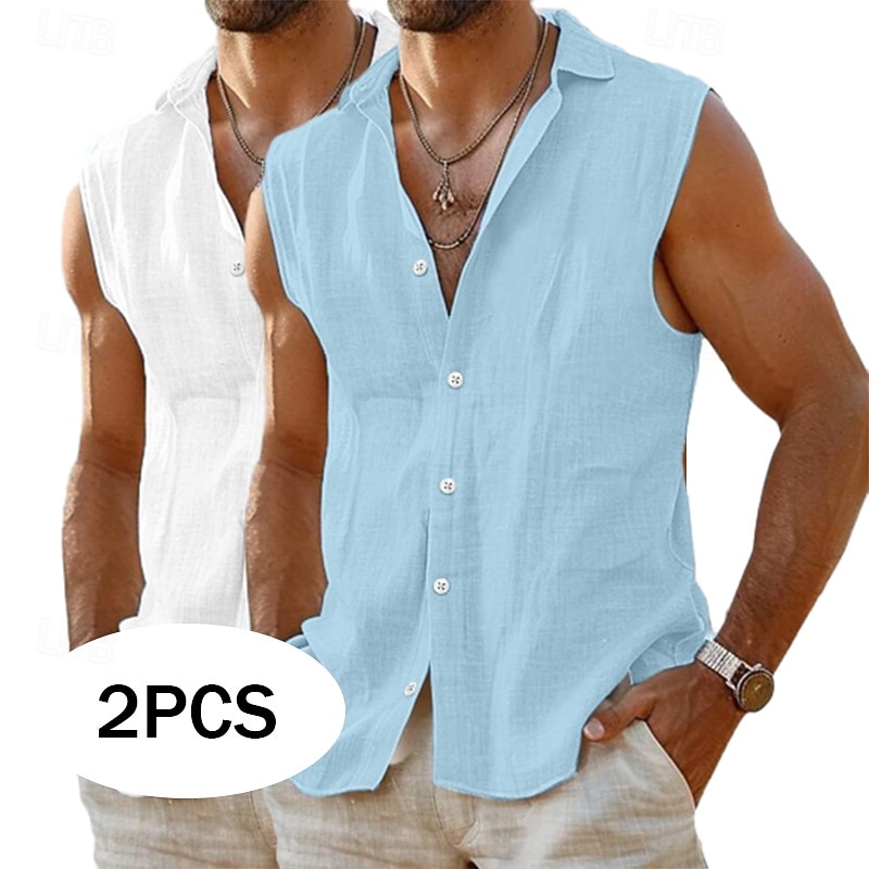 Men's Shirt Linen Shirt Summer Shirt Beach Wear Button Up Shirt Sleeveless Shirt Plain Vacation Curise White+Pink Pink+Blue White+White White+Blue Sleeveless Collar Summer Spring Clothing Apparel