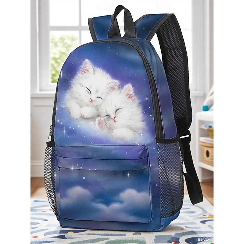 Girls' Cute Cat Print Backpack, Lightweight School Bag with Mesh Pockets and Large Capacity, Cartoon Kitten Design for Elementary Students and Daily Use Kayomi Harai