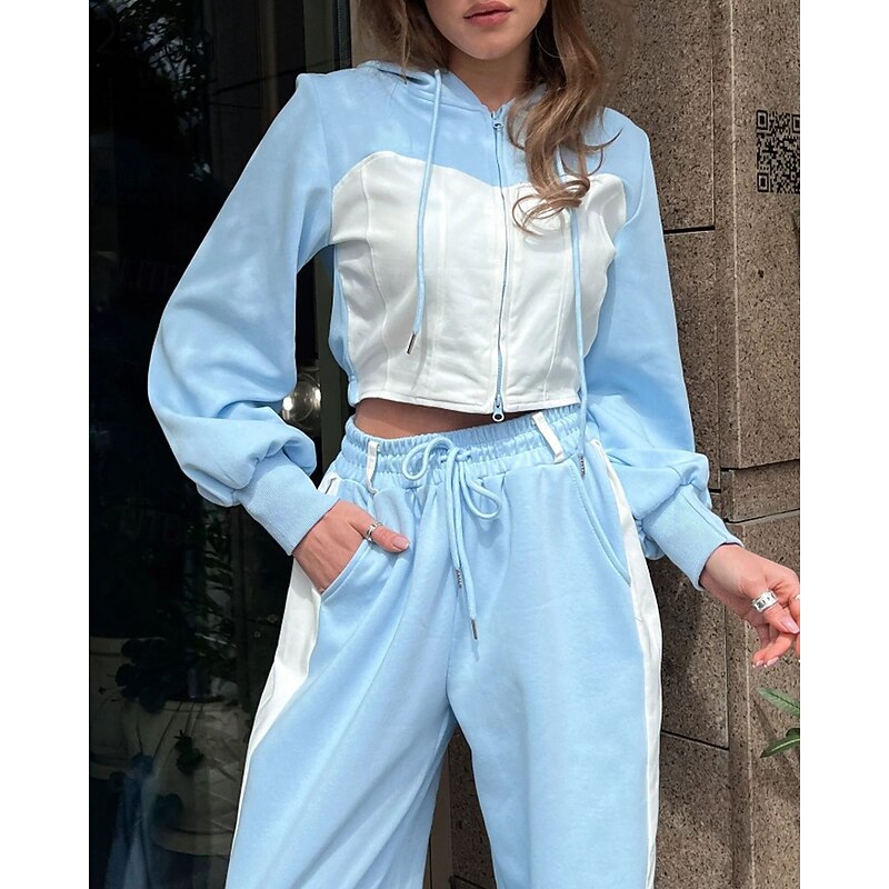 Women's Tracksuit Sweatpants Hooded Jacket Lace Zipper Pocket Color Block Clothing Suit Fall White Pink Gym Athleisure Running Thermal Warm Windproof Long Sleeve Sport Activewear Stretchy Regular Fit4