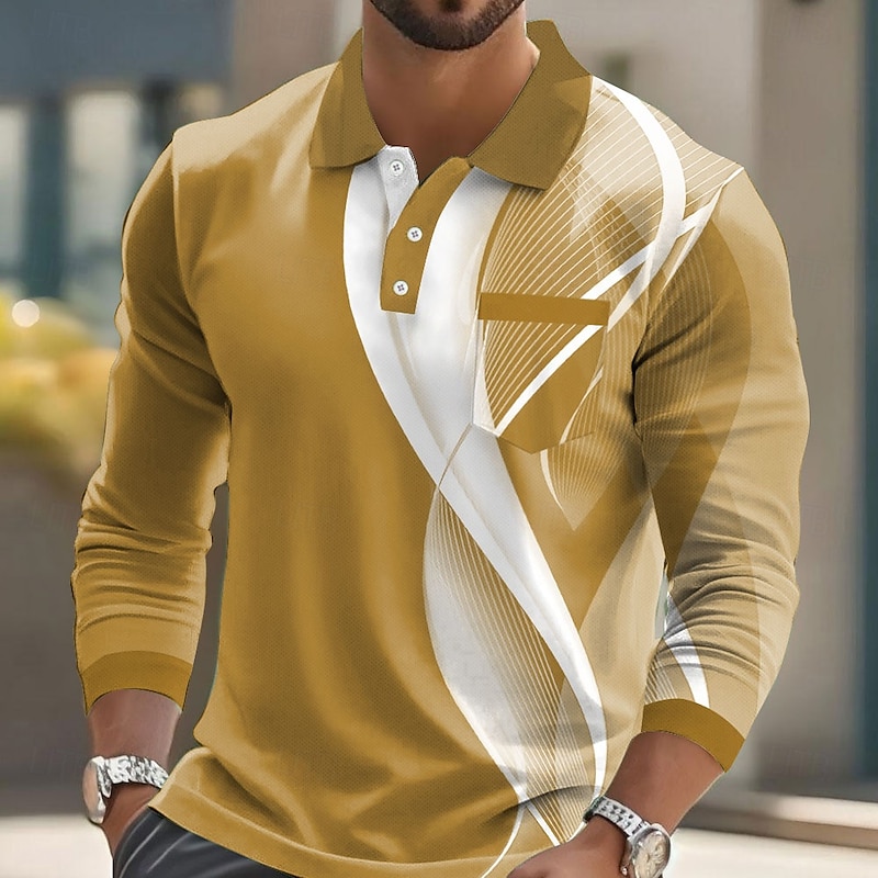 Men's Geometric Line Polo Long Sleeve Polo Shirts Collared Shirts Business Casual Business Athleisure Daily Wear Pocket 3D Print Buttons Spring Fall Winter Black Blue Sky Blue3