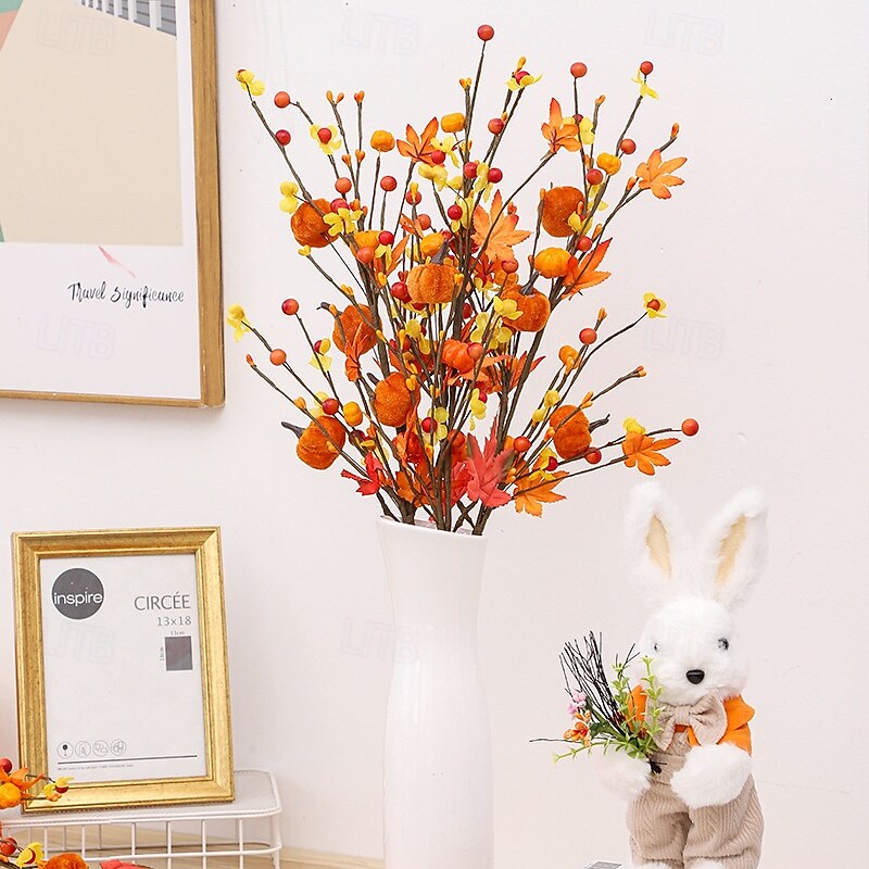 1 Bundle Fall Artificial Flower, Autumn Maple Leaves and Pumpkin Stem Bouquet, Halloween Party Home Decor, Spooky Seasonal Floral Arrangement