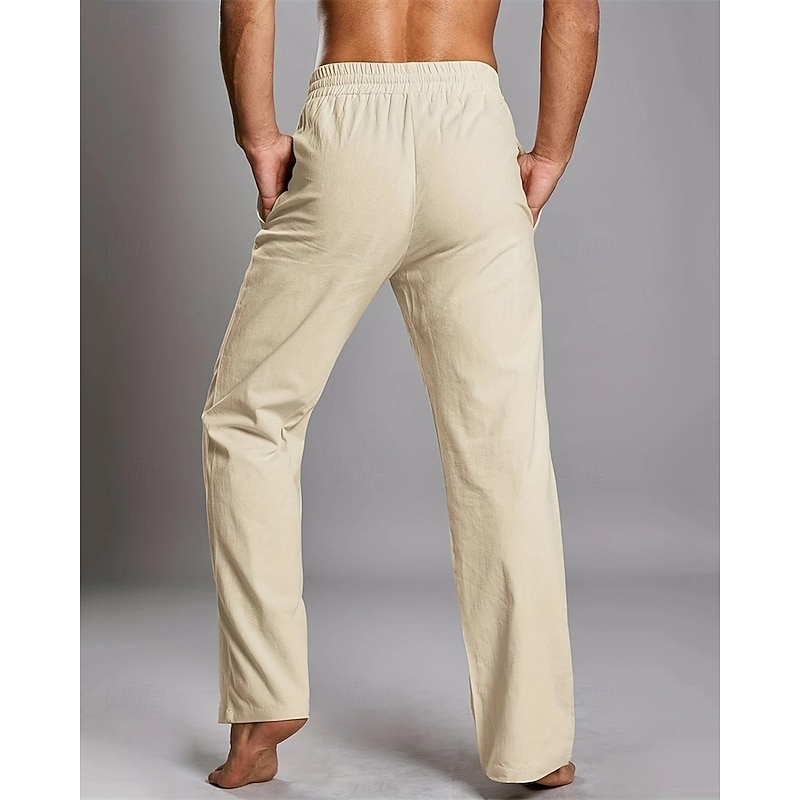 Men's Linen Pants Trousers Summer Pants Beach Pants Pocket Elastic Waist Drawstring Plain Comfort Breathable Vacation Daily Holiday Hawaiian Boho Dark Brown ArmyGreen2