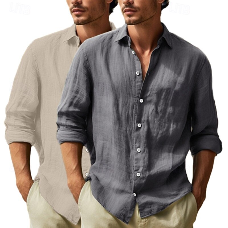 Men's Shirt Linen Shirt Summer Shirt Beach Wear Button Up Shirt Plain Vacation Curise White+Pink White+khaki Black+dark green Gray+Khaki Long Sleeve Lapel Summer Spring Clothing Apparel Plain4