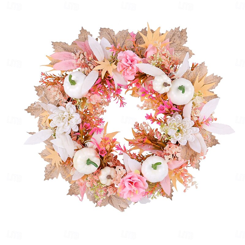 Fall Pink Wreath for Front Door Thanksgiving Autumn Harvest Indoor Outdoor Decoration, Pink and White Pumpkin Artificial Grapevine Wreath Window Hanging Decor4