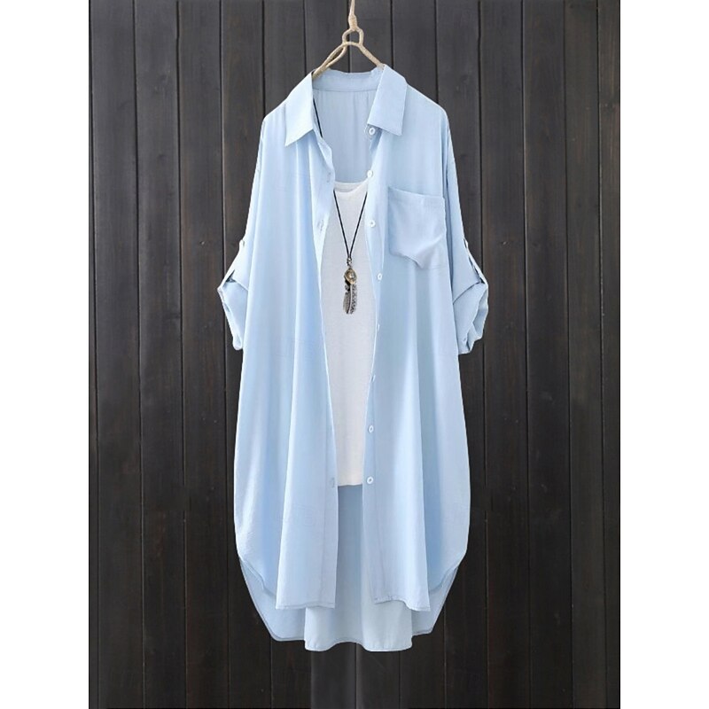 Women's Shacket Comfortable Breathable Buttons Casual Plain Vacation Street Casual Daily Wear Single Breasted Long Lapel Regular Fit Long Sleeve Outerwear White Blue Spring Fall2