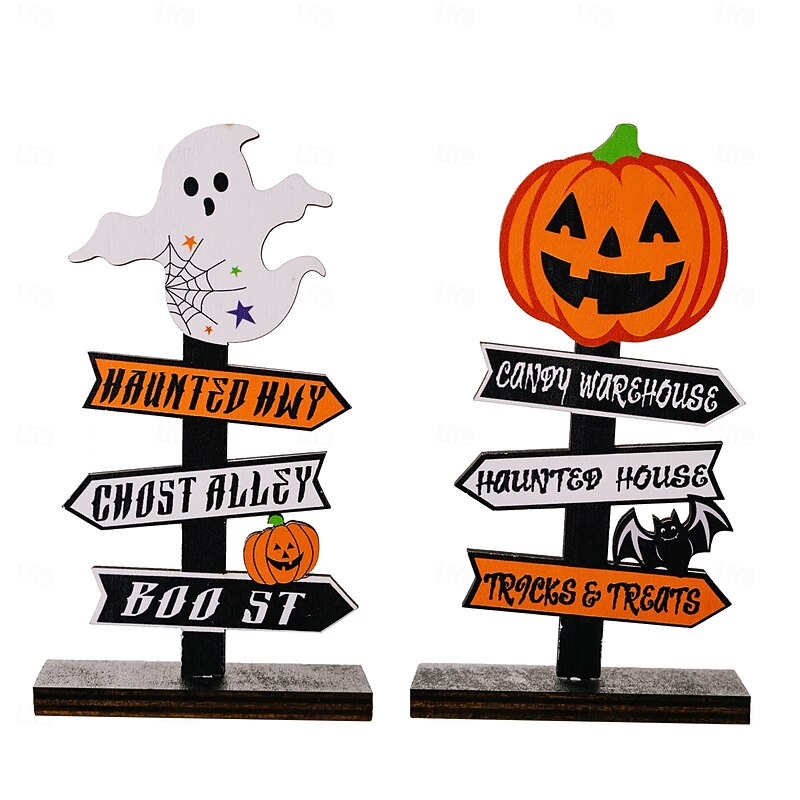 2pcs Halloween Wooden Tabletop Decorations, Pumpkin Letter Sign with Tree and Ghost, Spooky Standing Decor for Halloween Party Display4
