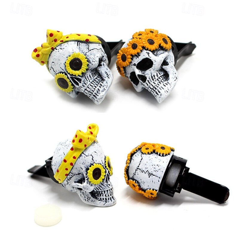 2pcs Halloween Skull Air Freshener Vent Clips with Scented Pads, Spooky Car Ghost Head Aromatherapy Air Vent Decorations3