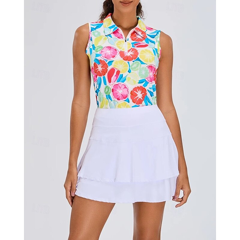 Women's Graphic Fruit Sport Shirt Golf Polo Shirt Tennis Shirt Sleeveless Zipper High Elasticity Moisture Wicking Breathable Tennis Golf Pickleball Turndown Zip Collar Shirt Top Blue Tennis Clothing