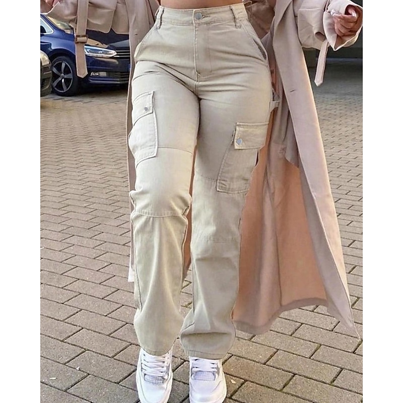 Women's Cargo Pants Pants Trousers Fashion Streetwear Full Length Natural Solid Colored Pocket Comfortable Micro-elastic Sports & Outdoor Daily Wear Black Khaki Dark Gray Beige Spring Fall Regular Fit