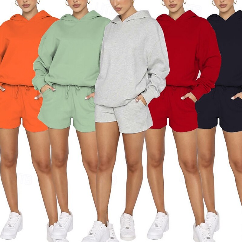 Women's Tracksuit Sweat Shorts Drawstring Pocket Solid Colored Hoodie Clothing Suit Fall Light Green Red Gym Workout Sports Windproof Long Sleeve Sport Activewear Micro-elastic Regular Fit
