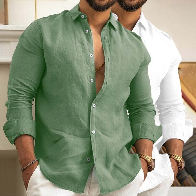 Men's Linen Shirt Summer Shirt Beach Wear Casual Shirt Button Up Shirt Plain Vacation Daily White+Green Green+Khaki Gray+Khaki Pink+Navy Blue Long Sleeve Lapel Summer Spring Clothing Apparel2