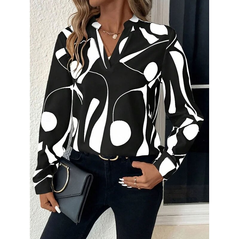 Women's Blouse Graphic Geometric Abstract Elegant Stylish Basic Long Sleeve High Neck Regular Tops Daily Holiday Black Khaki Spring Fall4