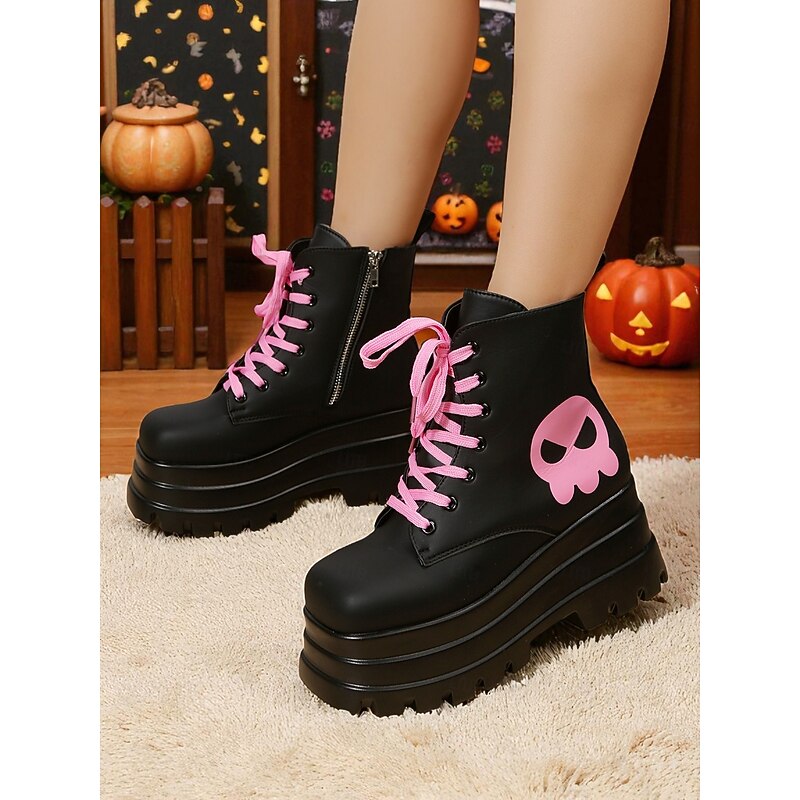 Women's Gothic Platform Combat Boots - Black Chunky Lace-Up Ankle Boots with Pink Skull for Cosplay, Halloween, and Punk Streetwear4