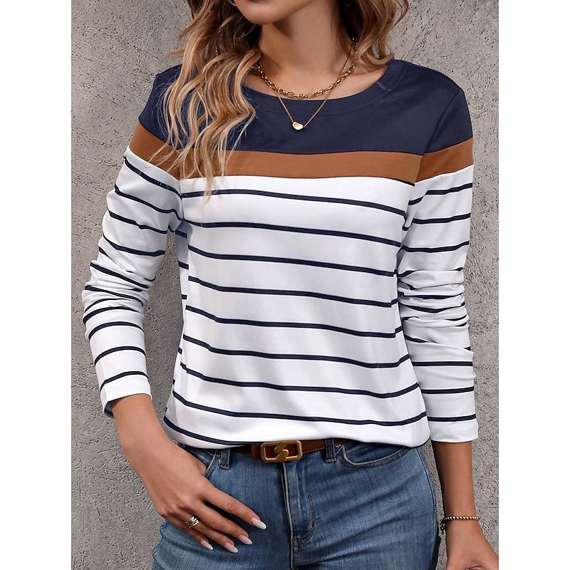 Women's T shirt Crew Neck Long Sleeve Tunic Graphic Striped Stylish Classic Casual  Regular Tops Daily Weekend Print Black Navy Blue Green Gray Fall3