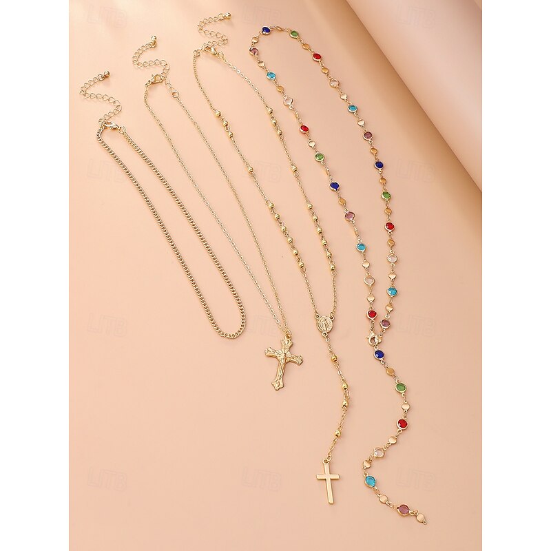 Women's multi-layered gold and silver cross pendant necklace set with multi-colored beads - Fashionable religious jewelry for daily wear, Casual outings and special occasions4
