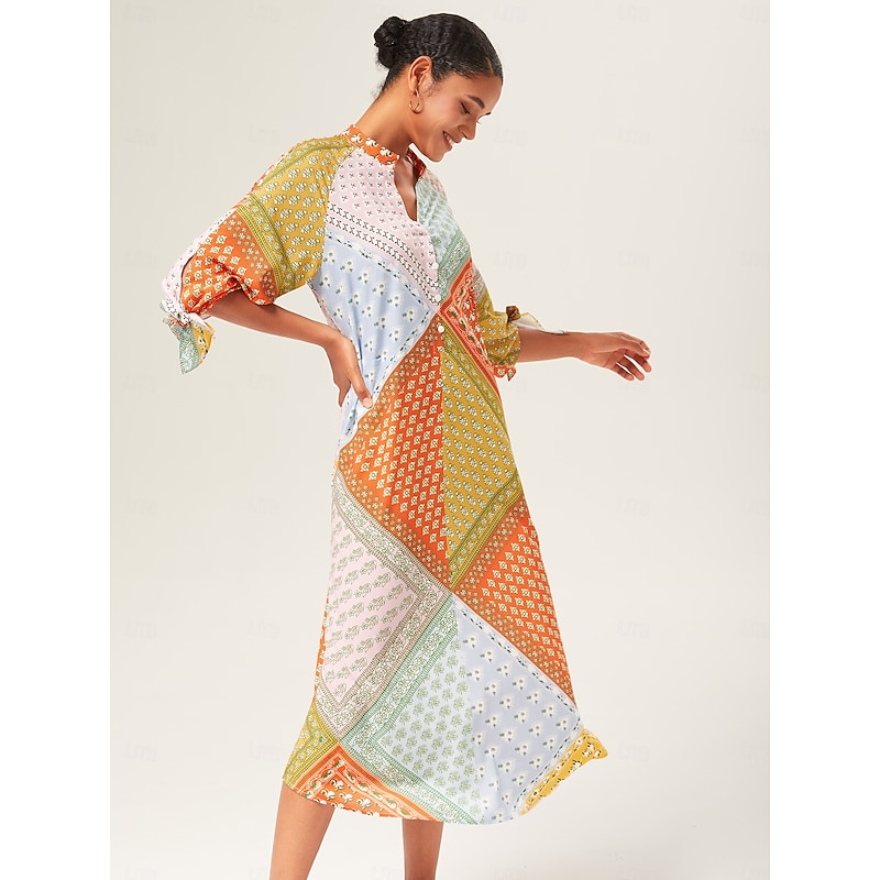 Colorful Silk Scarf Printed Tie Sleeve Maxi Dress3