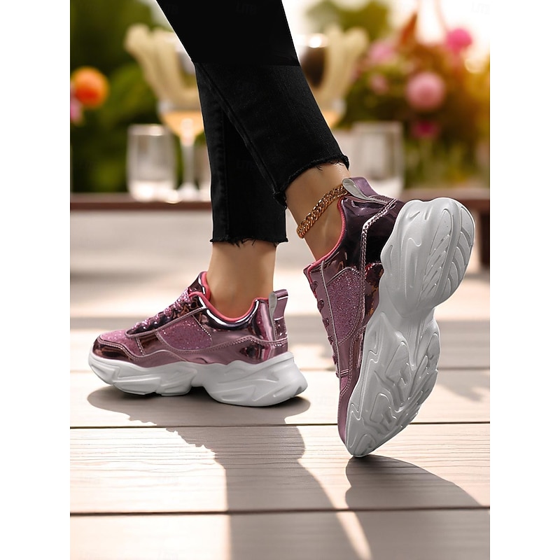 Women's Glitter Chunky Platform Sneakers with Metallic Finish, Fashion Lace-Up Party Shoes for Nightlife and Club Outfits3