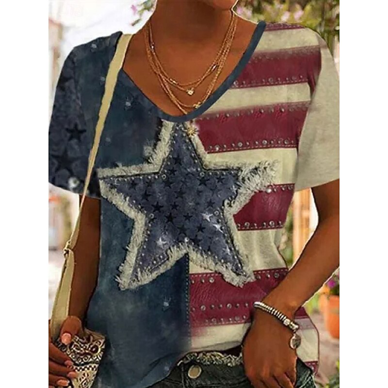 Women's Patriotic  T Shirt Heart Graphic Flag Stylish Casual Short Sleeve V Neck Regular Tops Daily Print Blue Purple Brown Green Summer Spring2