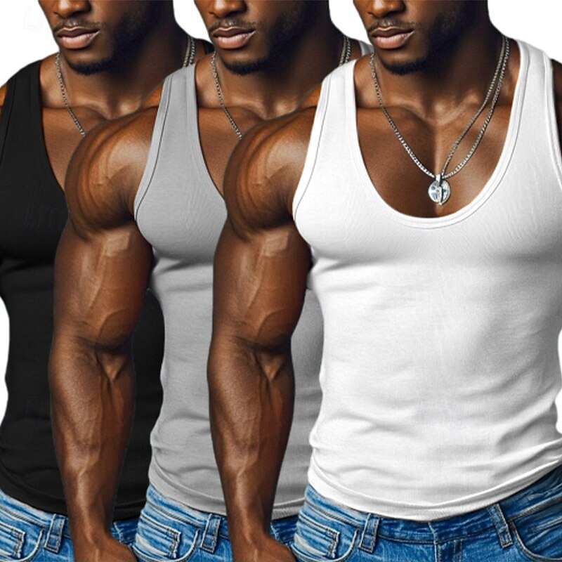 3 PACK Men's Tank Top Undershirt Sleeveless Shirt Wife Beater Shirt Sleeveless Round Neck Deep U Scoop Neck Summer Solid Color Pit Strip Fashion Designer Sporty Ribbed Plain Outdoor Casual Tank Tops2