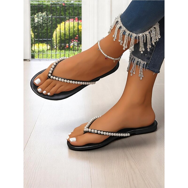 Women's Pearl Embellished Flip Flop Sandals - Casual Chic Thong Flats for Daily Outings and Summer Dates4