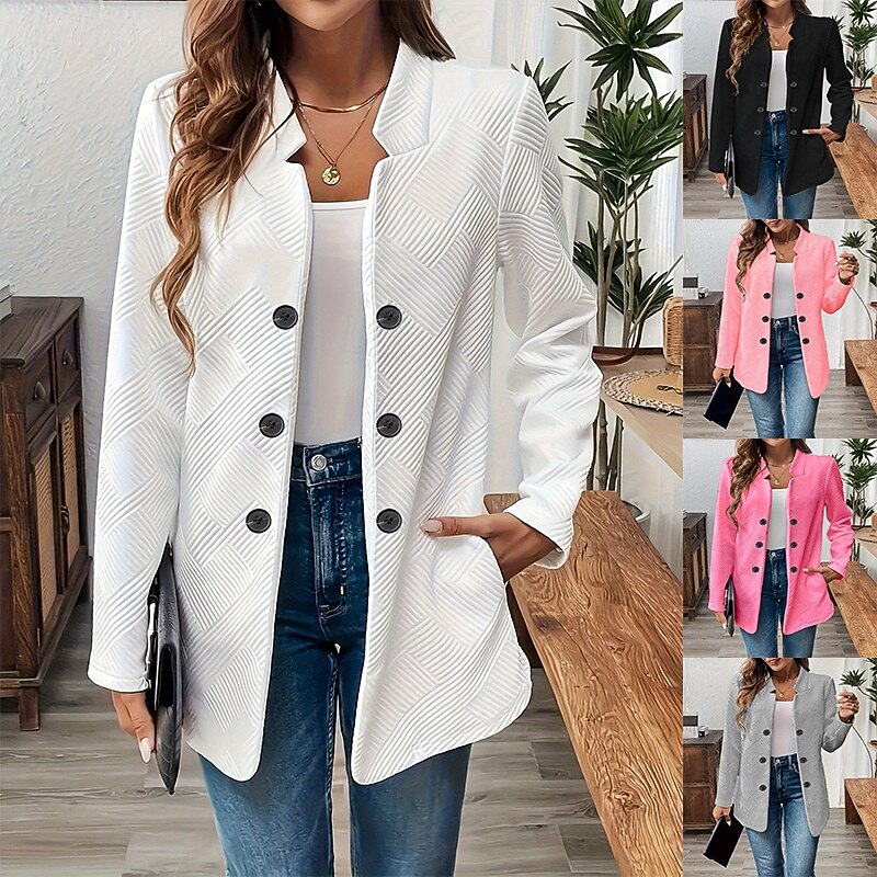 Women's Blazer Comfortable Breathable Buttons Casual Plain Office Street Casual Daily Wear Single Breasted Regular Stand Collar Regular Fit Long Sleeve Outerwear Black White Pink Summer Fall