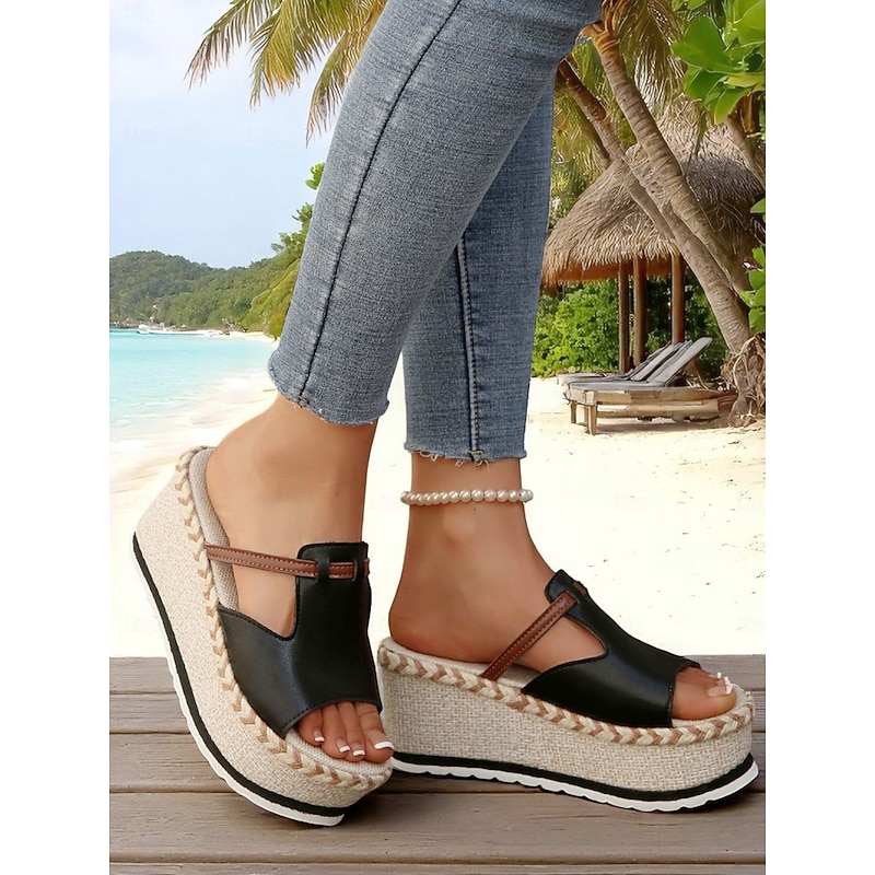 Women's Black Platform Espadrille Slide Sandals with Braided Jute Sole – Casual Beach Wedge Shoes for Summer Vacations, Resort Wear, and Coastal Outfits2