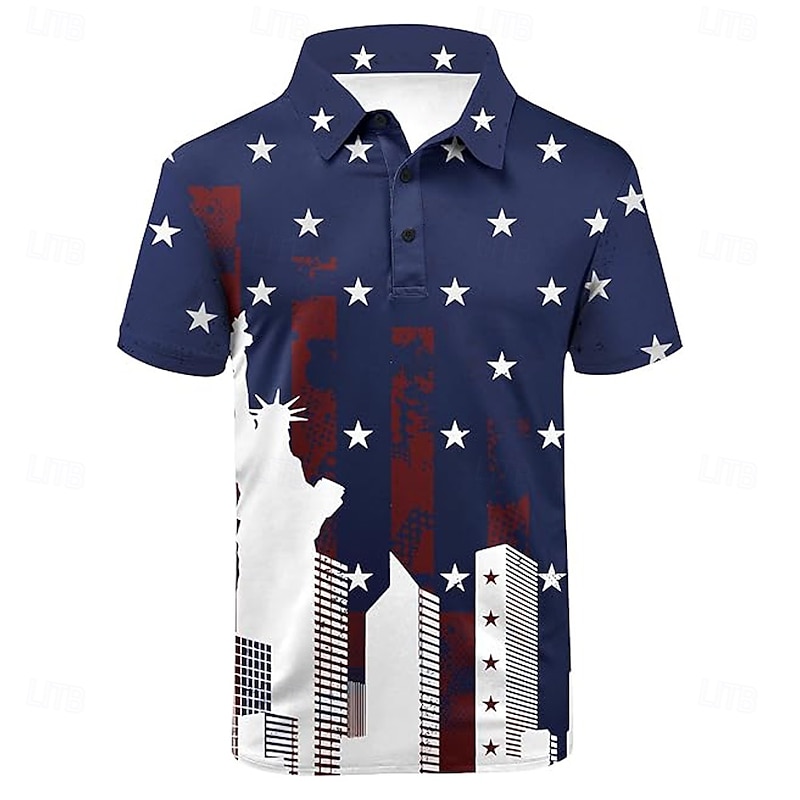 American Independence Day Men's American US Flag Polo Short Sleeves Polo Shirts Polo Collar Casual Festival Button Up Summer Robin's Egg Blue