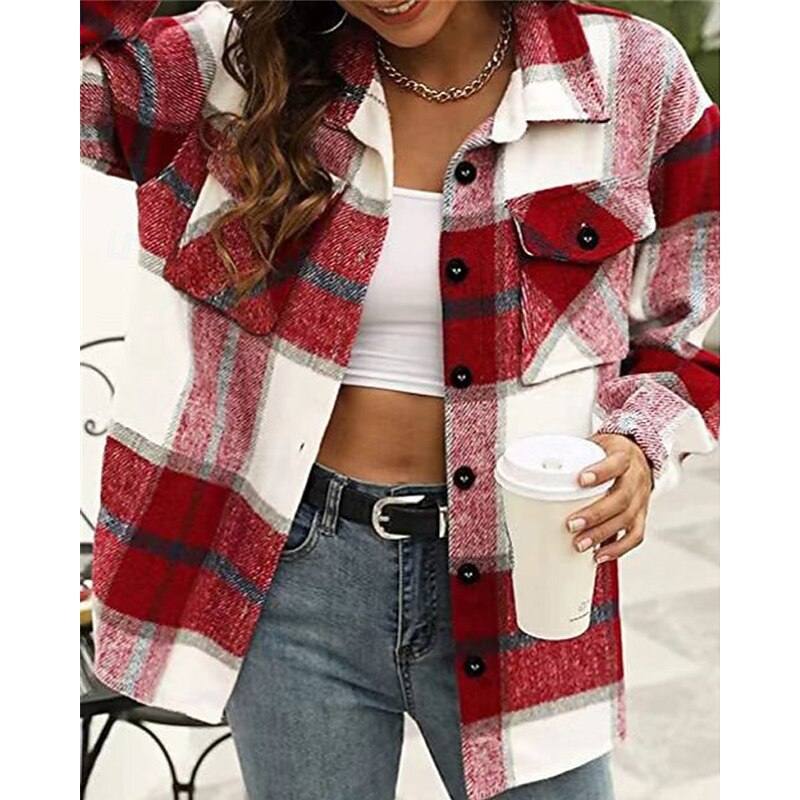Women's Shirt Jacket Casual Jacket Warm Comfortable Pocket Fashion Outdoor Plaid Going out Weekend Single Breasted Regular Turndown Regular Fit Long Sleeve Outerwear Pink Red Blue Fall Winter3