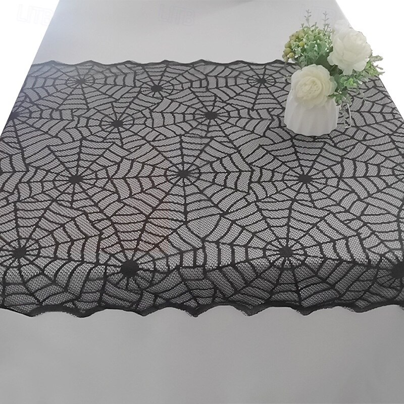 Frightening Halloween Tablecloth 32x41inch Rectangular Festival Black Lace Spiderweb Bat Table for Seasonal Use4