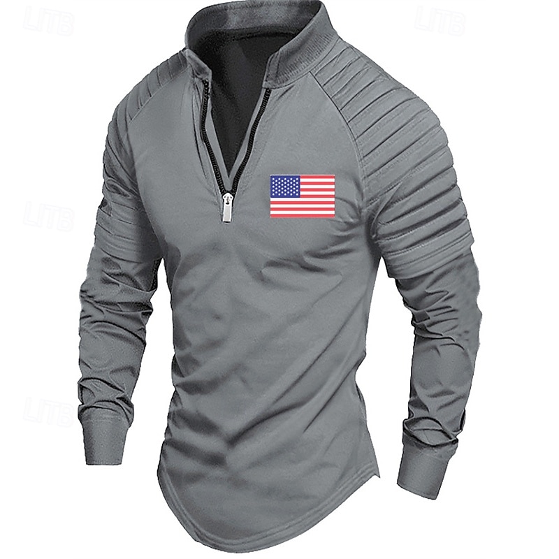 Men's Sweatshirt Quarter Zip Sweatshirt Black White Pink Army Green Navy Blue Half Zip American Flag Patchwork Sports & Outdoor Daily Holiday Polyester Streetwear Basic Casual Spring &  Fall Clothing2