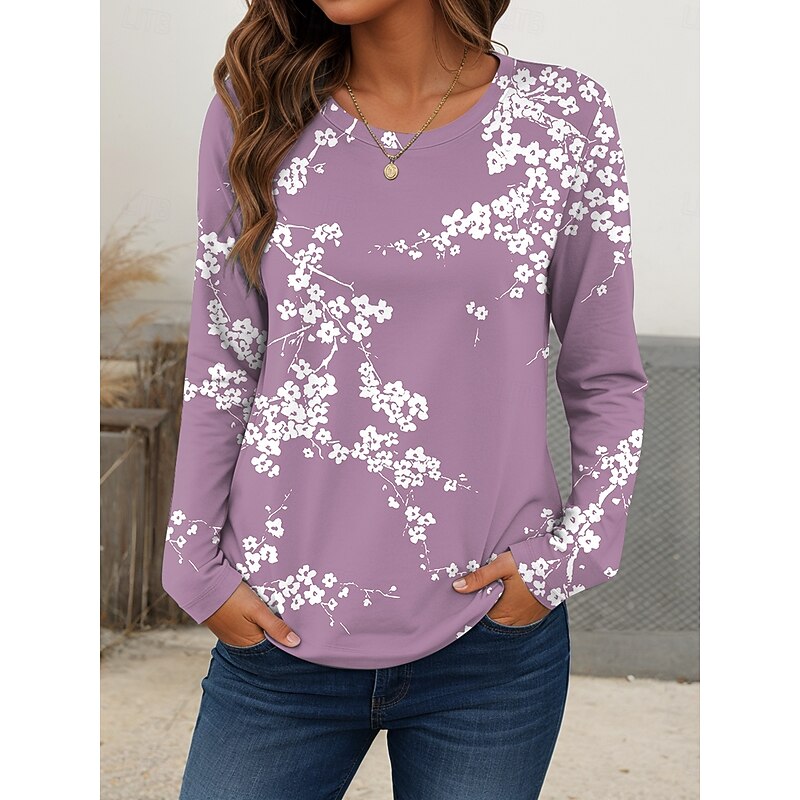 Women's T shirt Crew Neck Long Sleeve Tunic Floral Graphic Plants Vintage Stylish Casual  Regular Tops Daily Weekend Print Blue Dusty Blue Purple Green Summer4