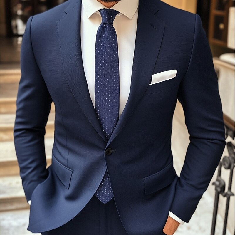 Men's Business Suits Navy Blue Formal WorkWear Solid Colored Standard Fit 2 Piece Single Breasted One-button2