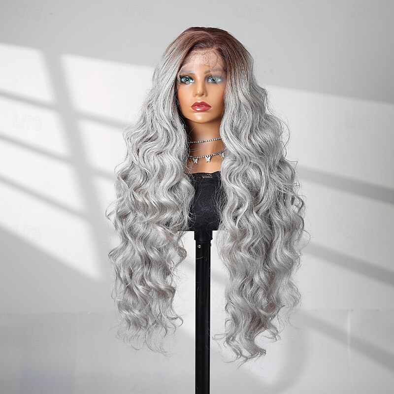 Synthetic Lace Wig Body Wave Style 28 inch Gray Middle Part 13x4 Lace Front Wig Women's Wig Silver grey3
