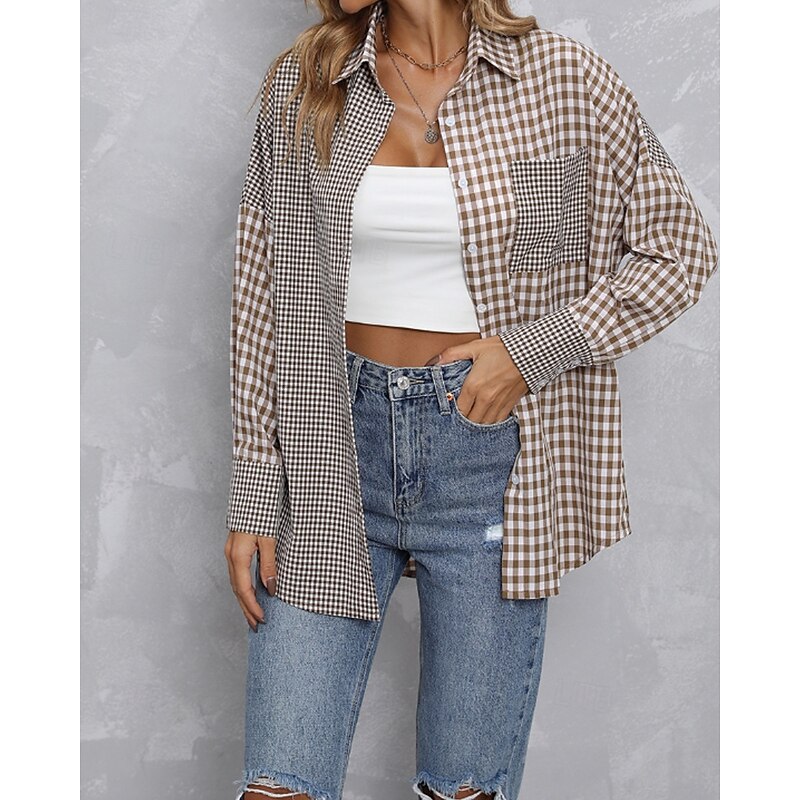 Women's Shirt Blouse Plaid Modern Casual Long Sleeve Shirt Collar Regular Tops Daily Going out Pocket Buttons Brown Fall3
